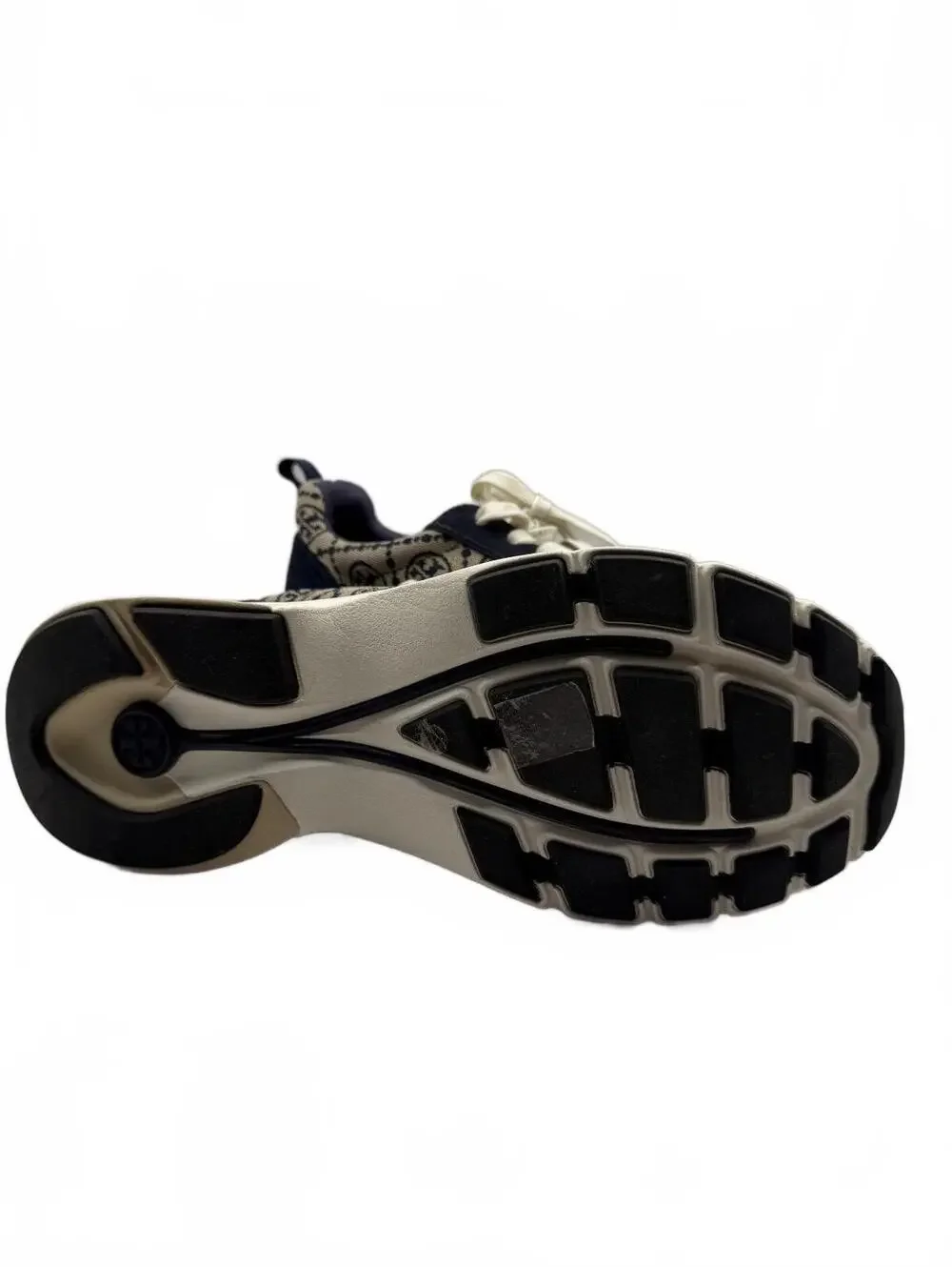 Tory Burch Navy Monogram Good Luck Trainer Jacquard and Suede Sneakers Size 10.5